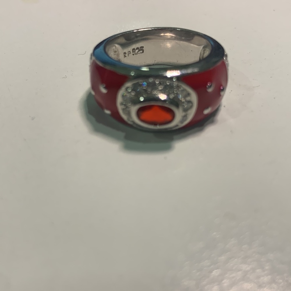 Vintage signed RP sterling silver red enamel ring rhinestones red & clear Sz 6.5 - Picture 7 of 11